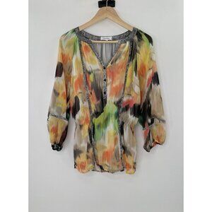Calvin Klein Abstract Watercolor Button Lined Chiffon Blouse Puff Slv Sz Sm Boho